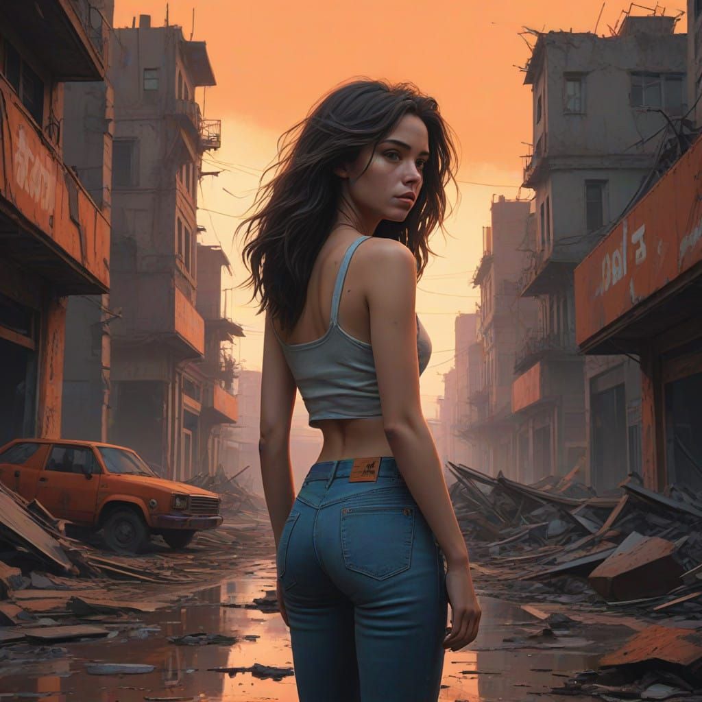 Desolate Cityscape with Resilient Survivor