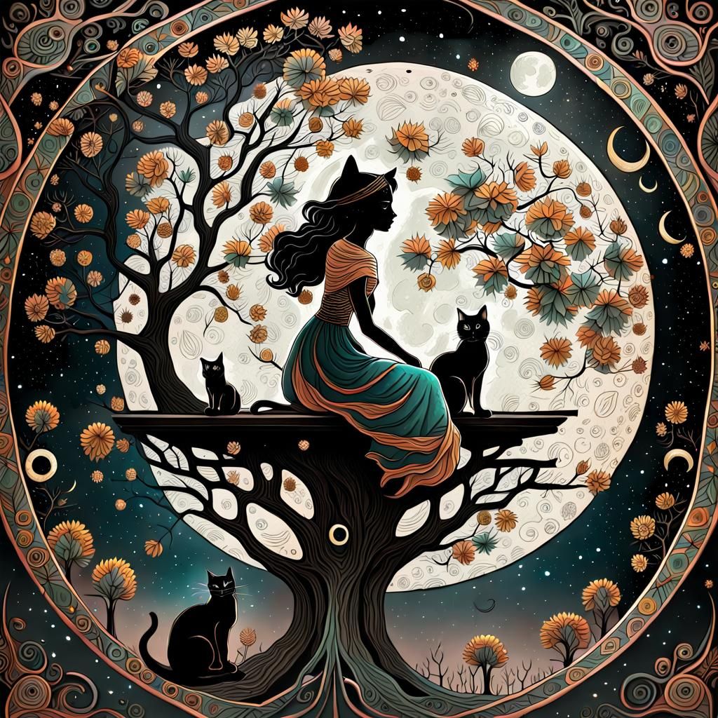 Girl and Cat on the Moon in Folk Art Style