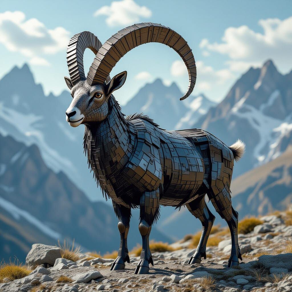 Majestic Metal Ibex in Hyperrealistic Style