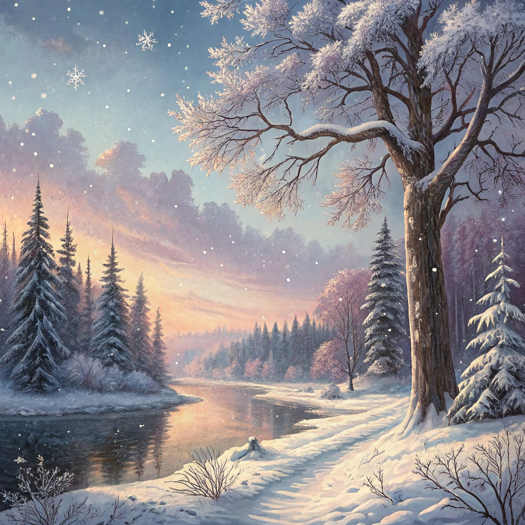Winter Forest Landscape in Art Nouveau Style