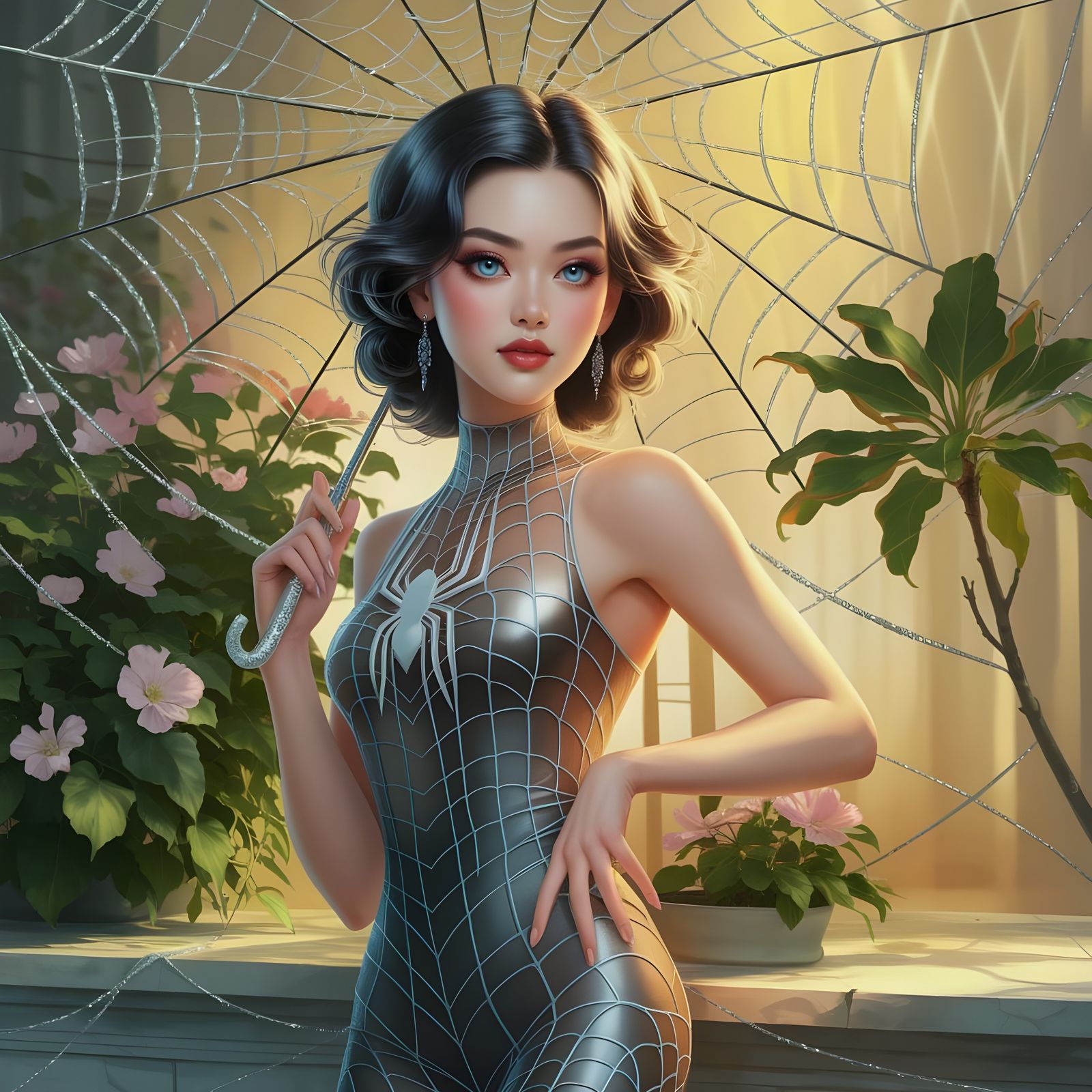 Woman in Spider Silk Dress with Web Umbrella