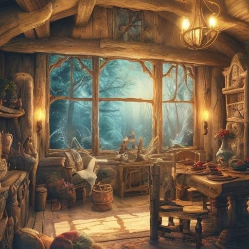 Snow White's Cozy Cottage: Whimsical Fantasy Art