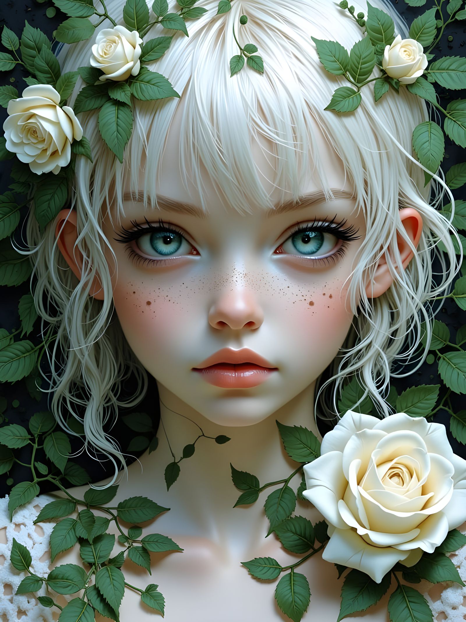 Albino Woman Portrait with Roses, Photorealistic Art