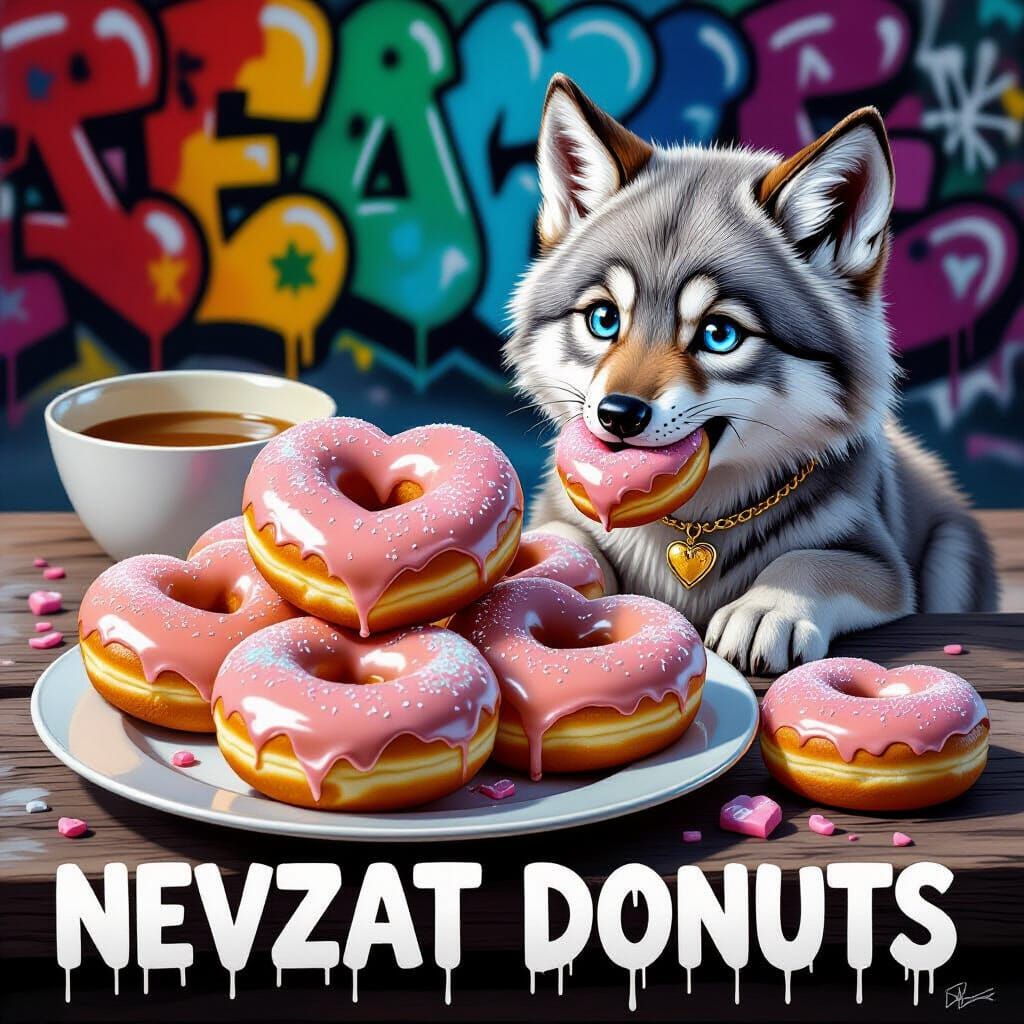 Heart Donuts with Wolf Cub Eating Treat