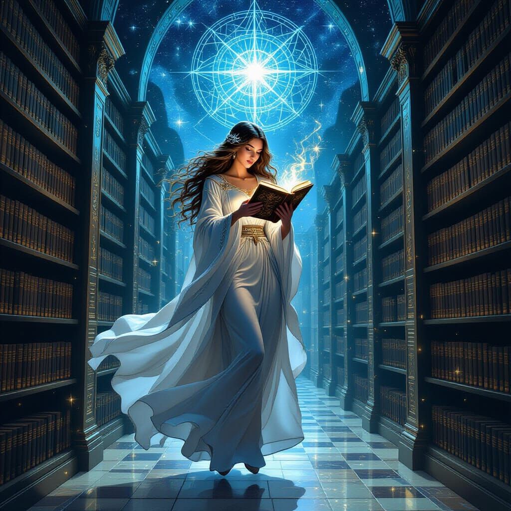 Mystical Librarian Witch Amidst Celestial Tomes