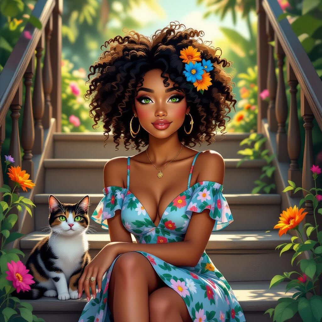 African-American Girl with Kitten in Doodle Style
