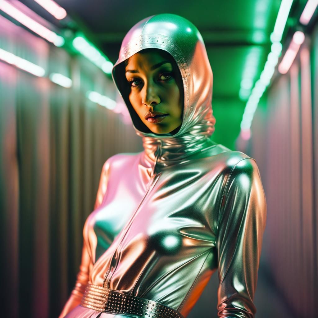Woman in Silver Jumpsuit in Sorayama Style