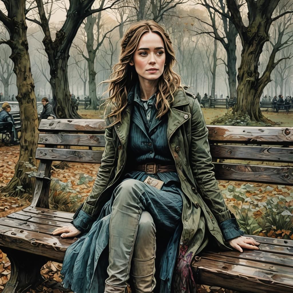 Emily Blunt on Park Bench in Rackham-Griffiths Style