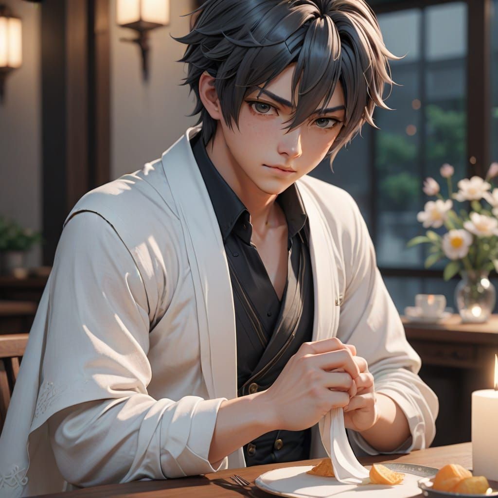 Elegant Anime Figure Unfolds a Crisp White Napkin