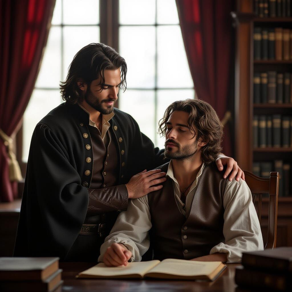 Ink Illustration of Secretive Meeting in Forgotten Library