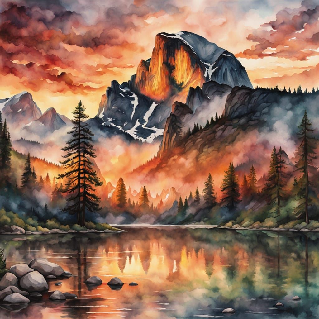 Yosemite Mountains in Watercolor Under Sunset Sky