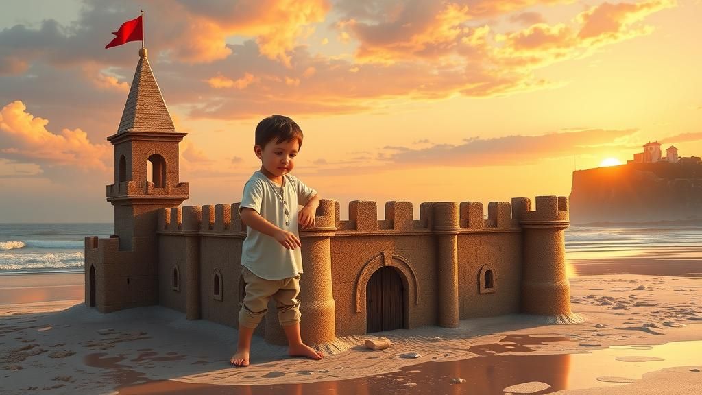 Child Builds Medieval Sandcastle at Sunset