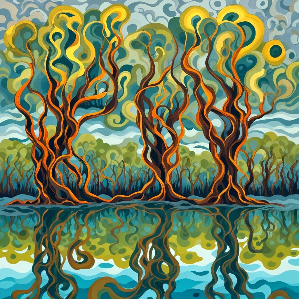 Minimalist Abstract Painting of Intertwined Trees