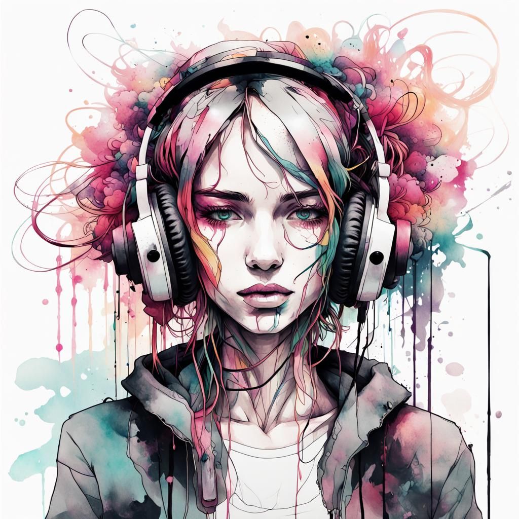 Azalea Woman with Headphones in Inkpunk Style
