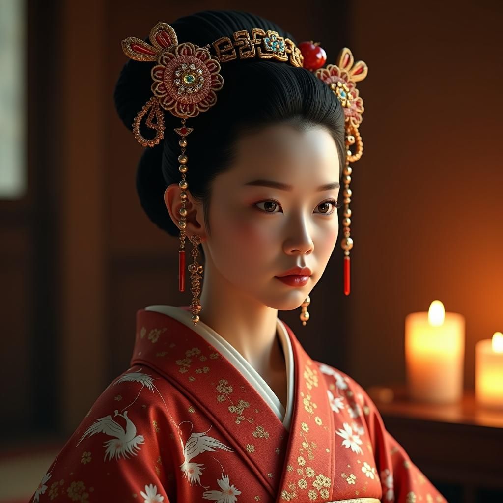 Oiran Portrait with Crimson Kimono and Gold Patterns