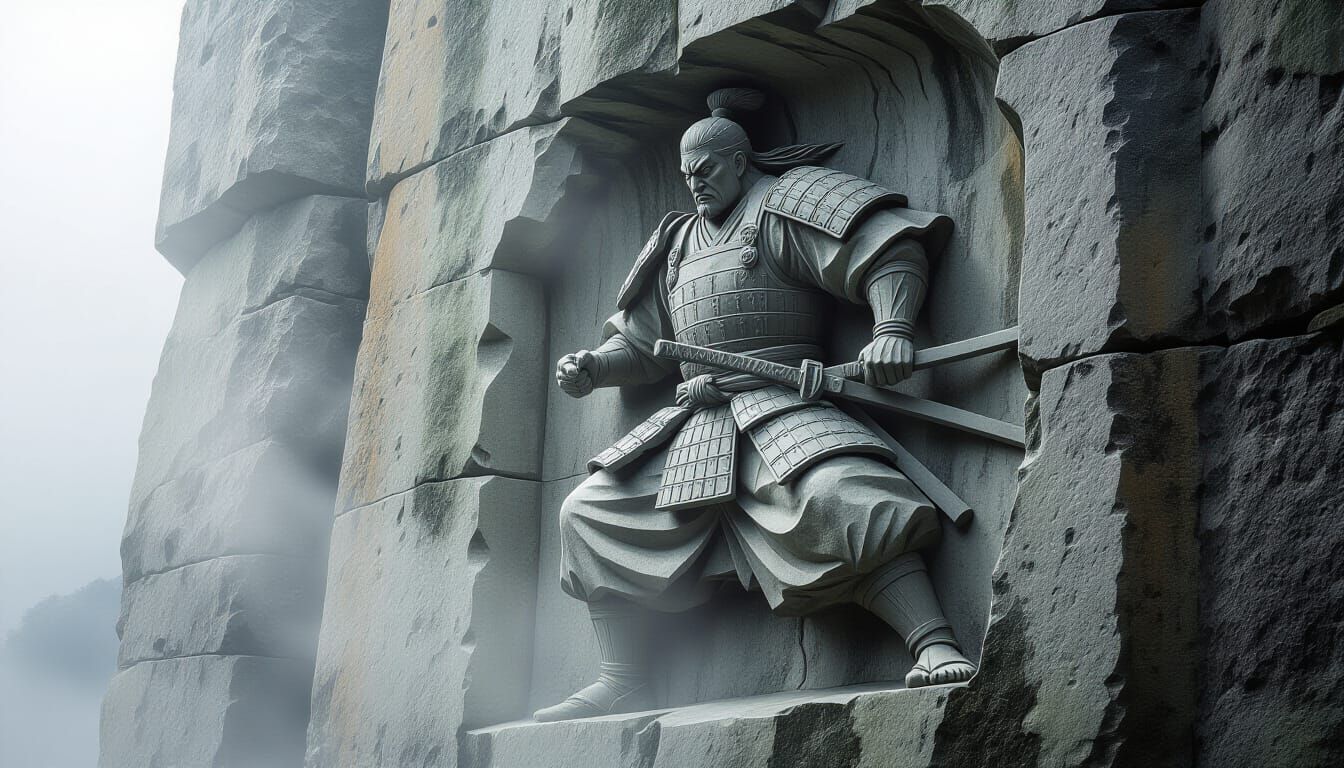 Ronin Warrior Bas-Relief Stone Carving