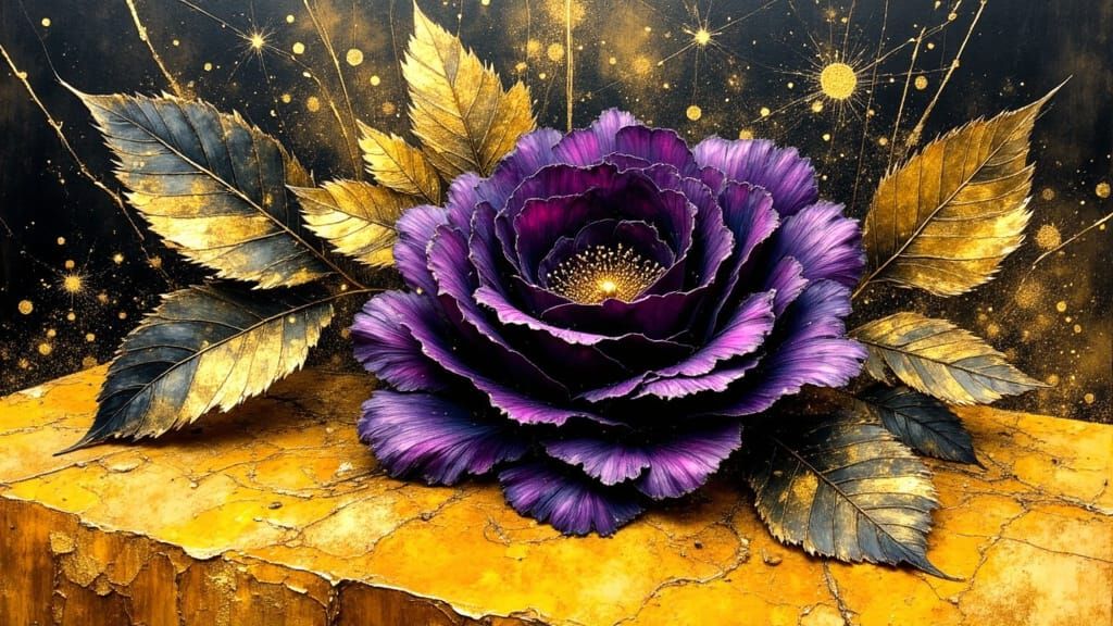 Burnished Gold and Purple Rose on Velvet Table