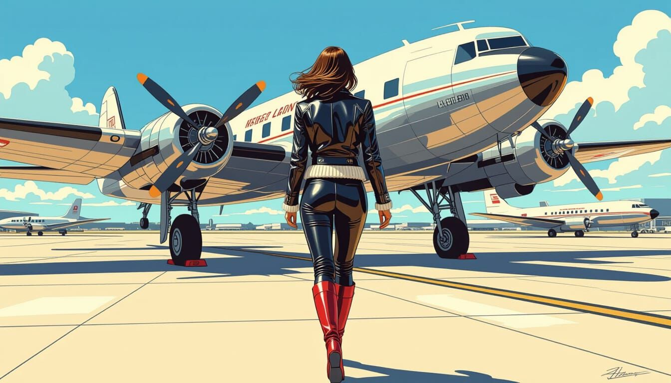 Brunette Pilot and Vintage Airliner in Comic Art Style