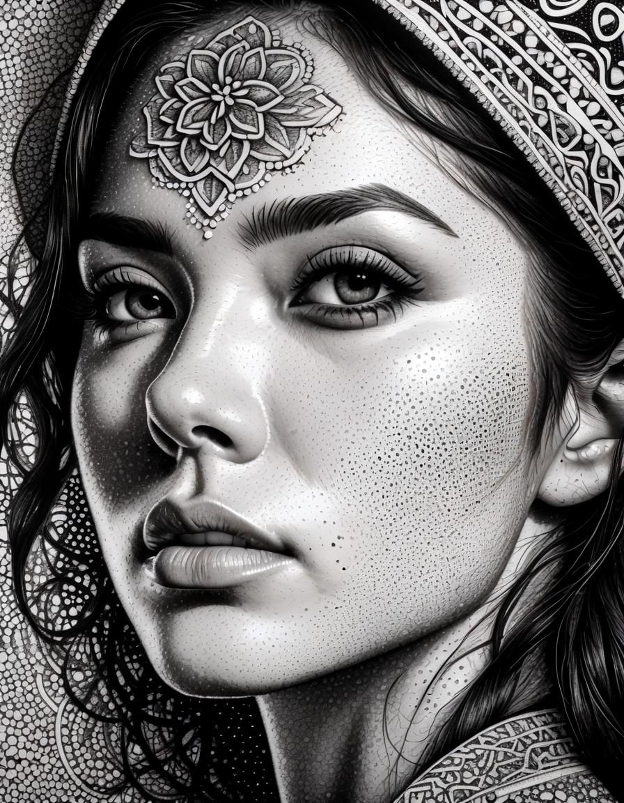 Intricate Pointillist Portrait of Thoughtful Woman