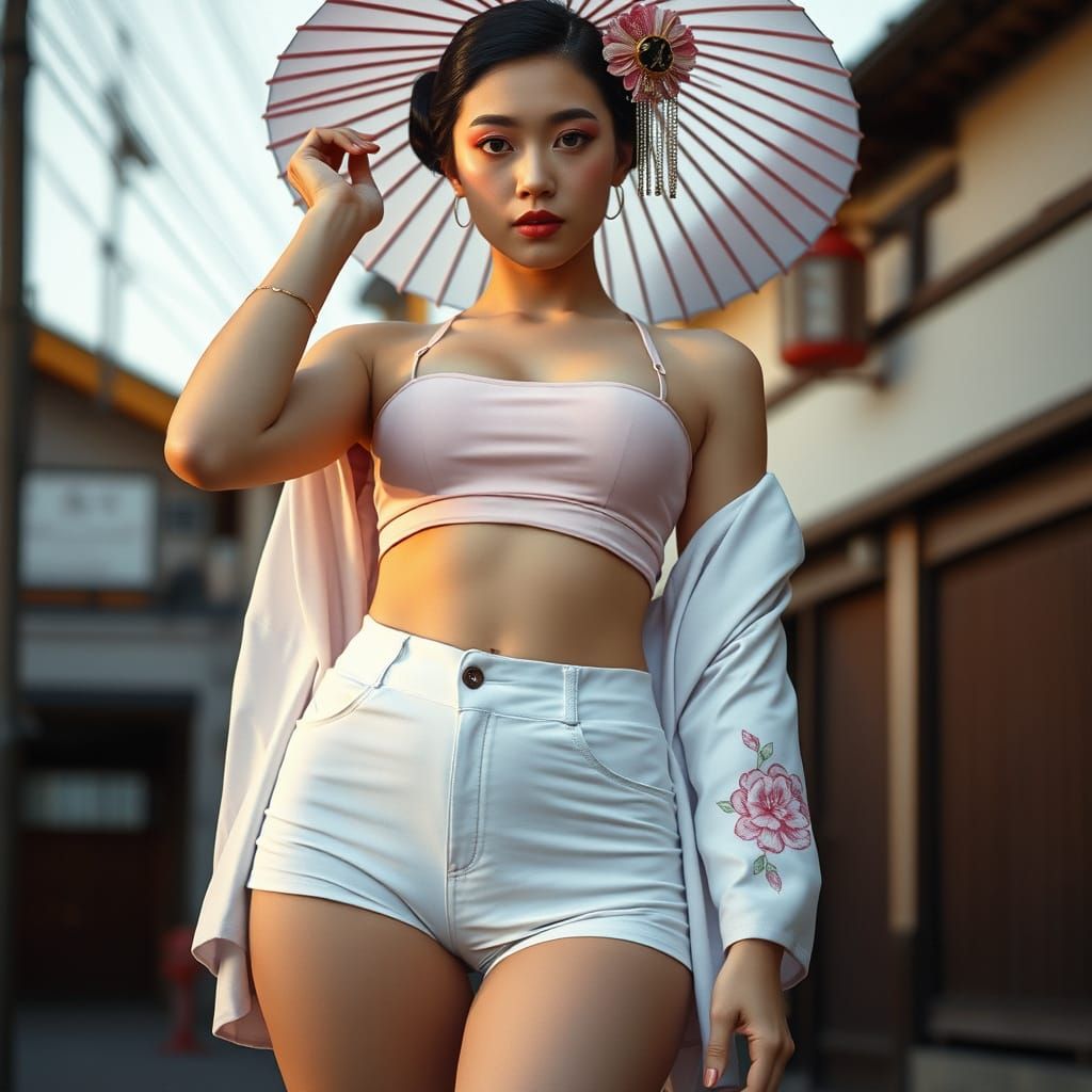 Japanese Woman in Embroidered Outfit, Hyperrealistic Digital...