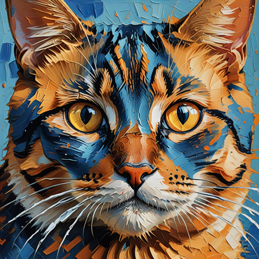 Fauvist Feline Portrait in Vibrant Orange and Blue Hues