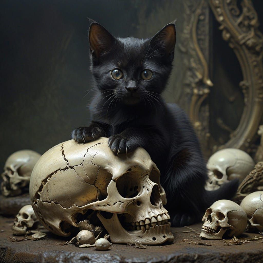 Gothic Kitten: Black Cat on Skull in Horror Style