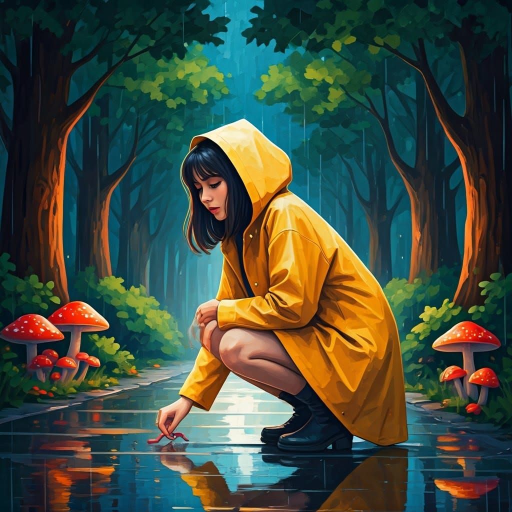 Woman Picking Up Worm at Night in Post-Impressionist Style