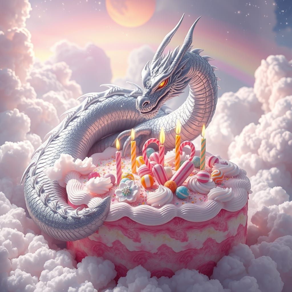 Silver Dragon Hugging Rainbow Cake, Fantasy Art