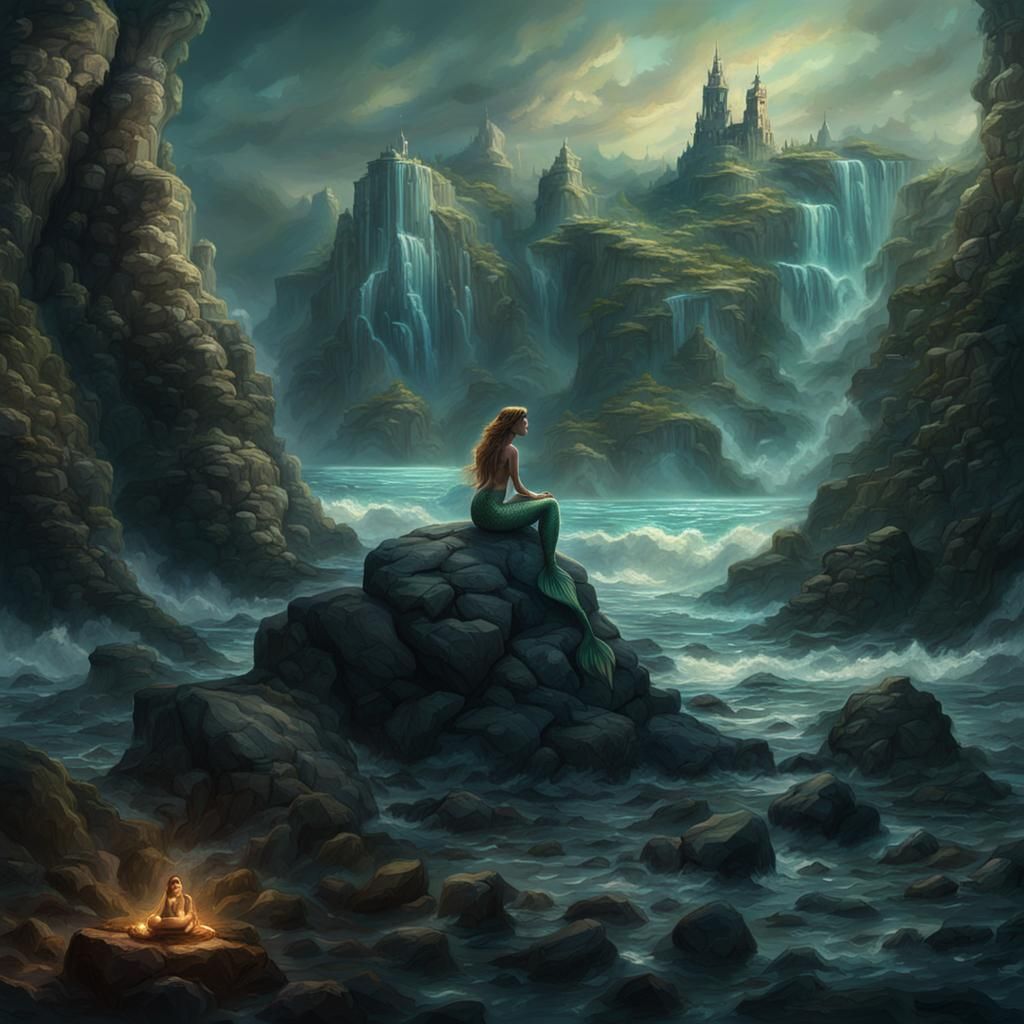 Cinematic Mermaid on a Rock Digital Painting