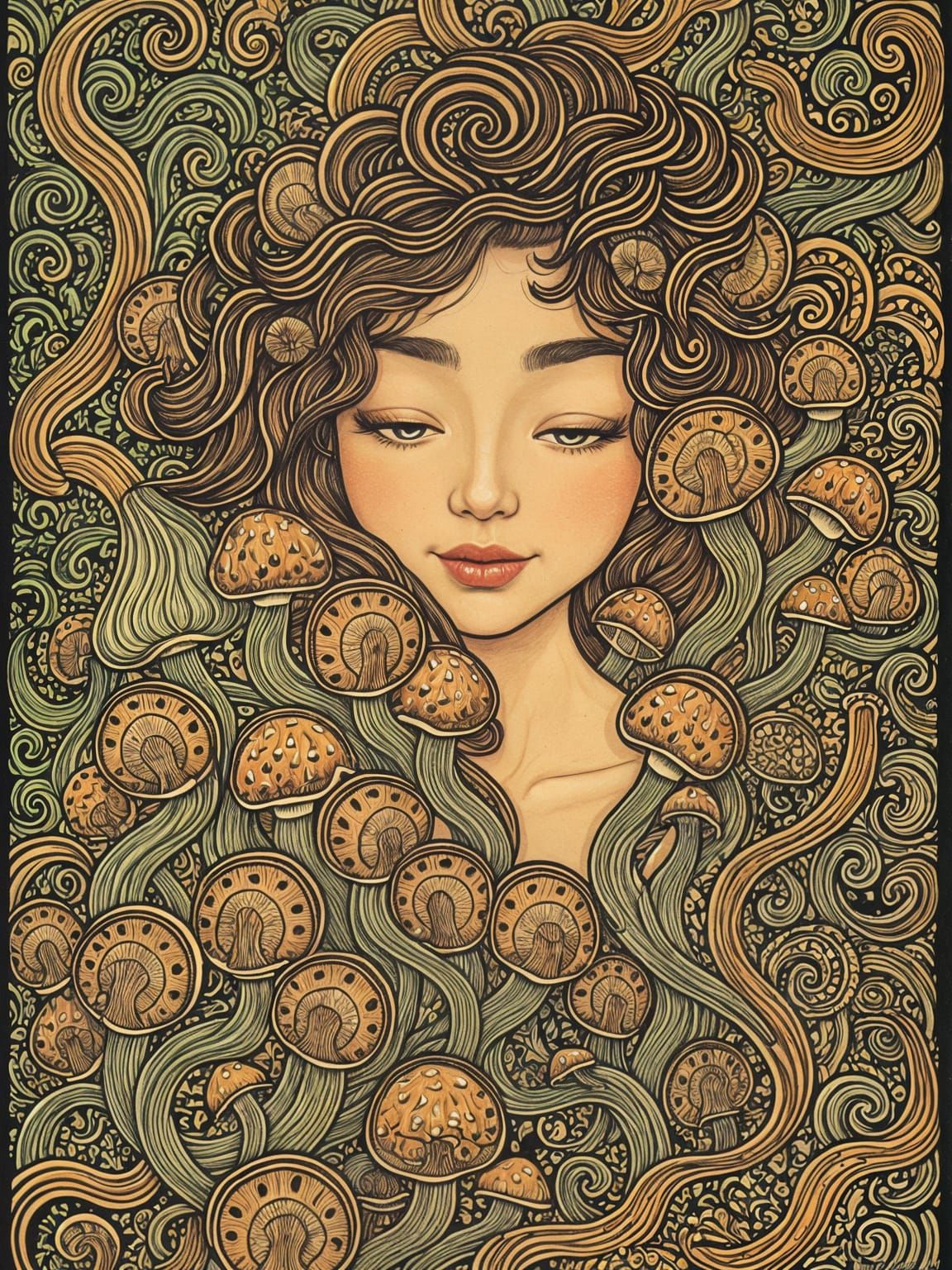 Ethereal Woman Adorned with Whimsical Mushrooms