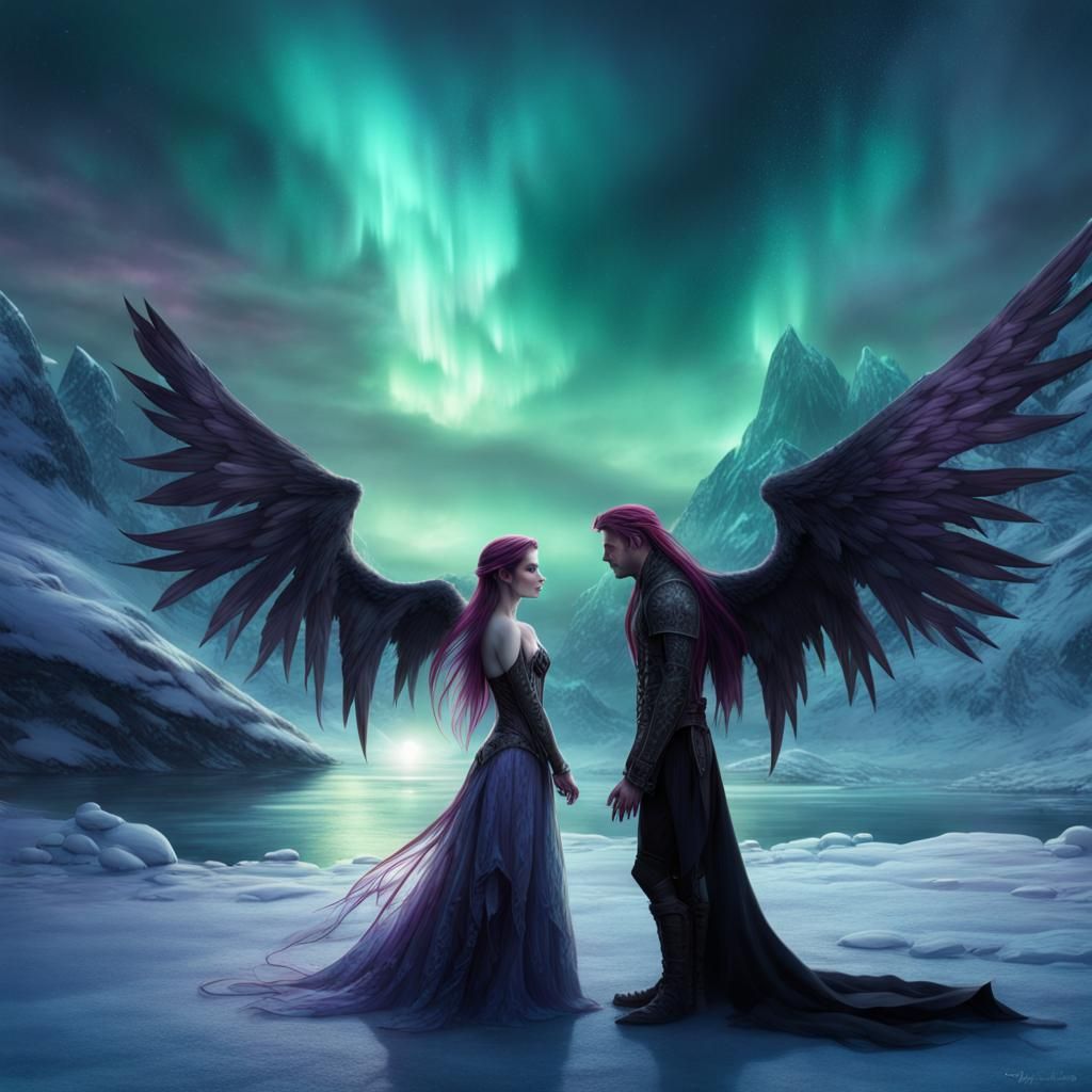 Vampire and Angel Kiss Under Northern Lights
