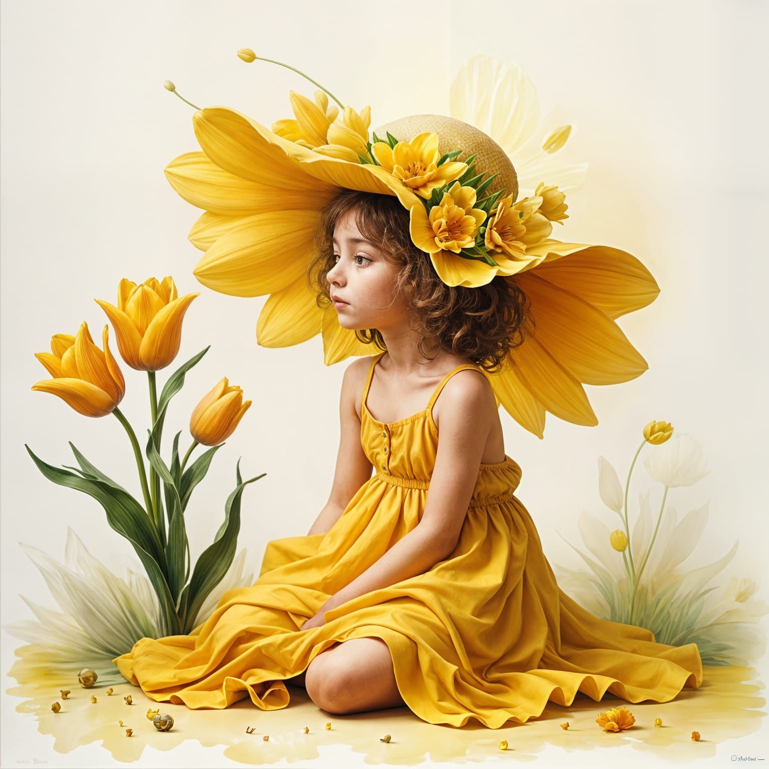 Surreal Watercolor Painting of a Girl in a Flower Crown