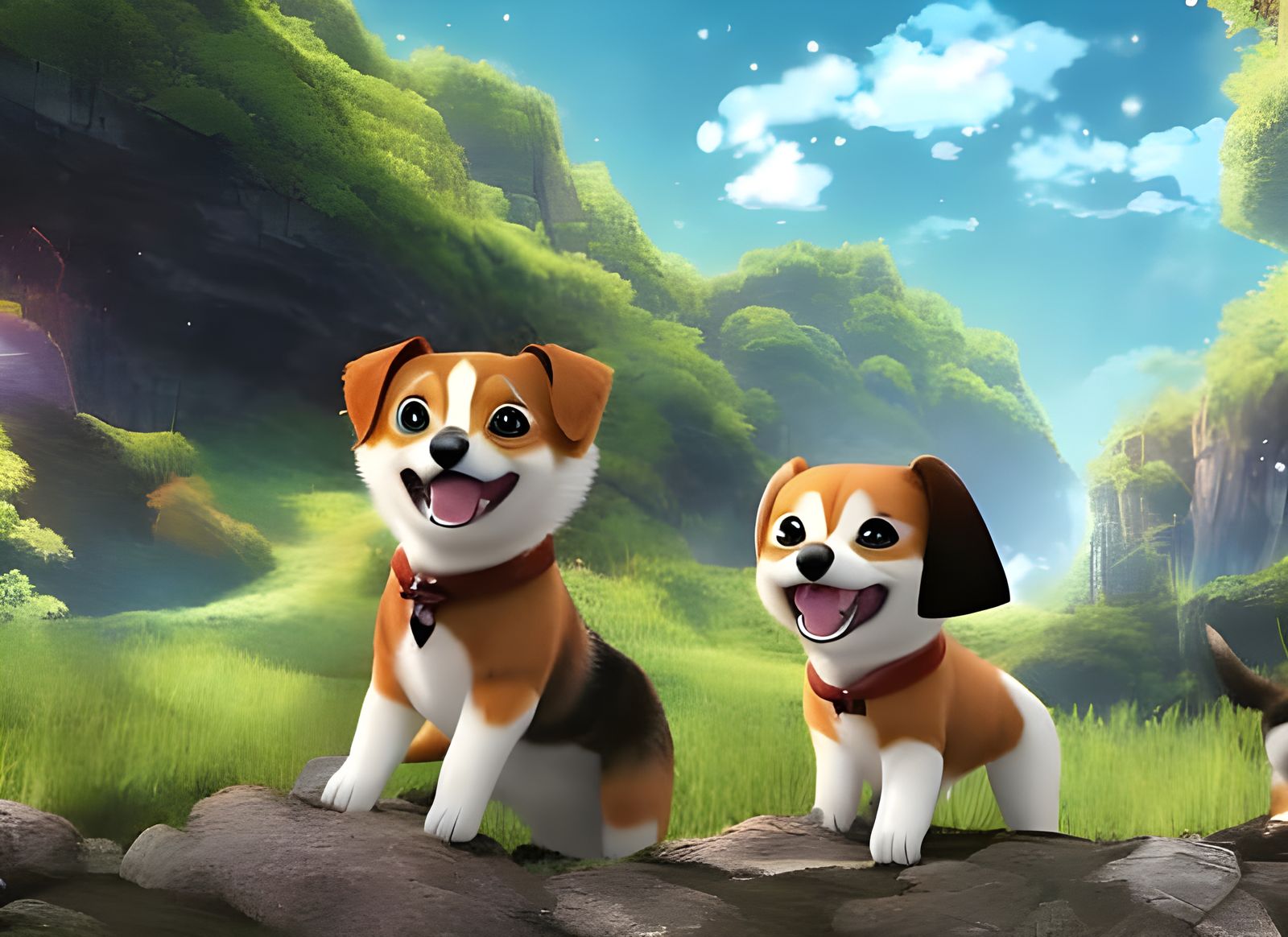 Anime Dogs Explore a Botanical Garden in Ghibli Style