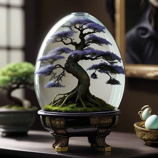 Formal upright Bonsai tree in an egg-shaped glass Terrarium.