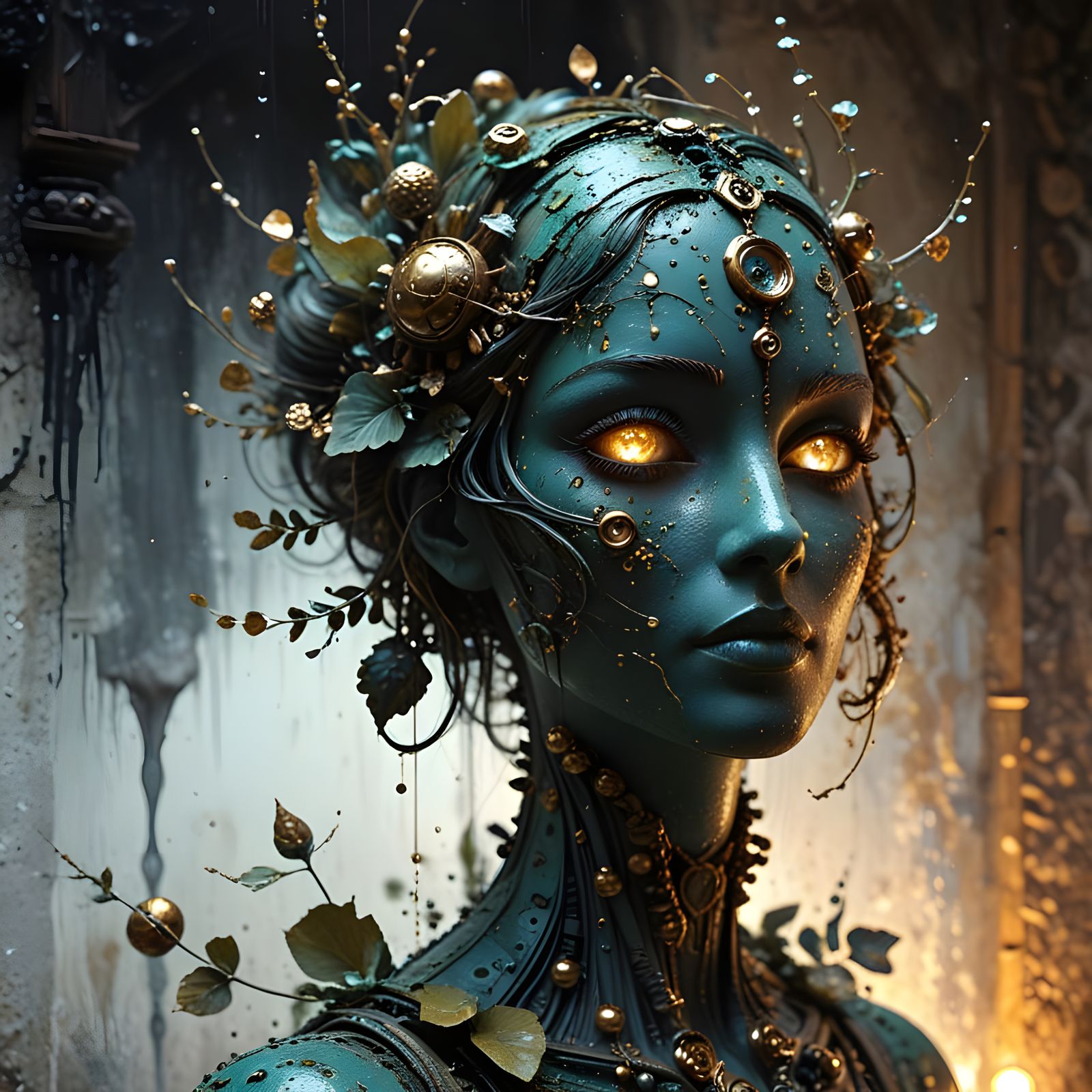 Golden Spheres in Misty Landscape as Impasto Painting