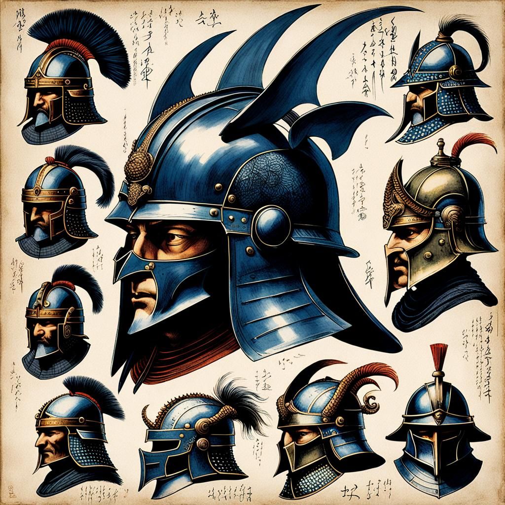 Art by Leonardo da Vinci, a study of helmets through the ages, from ancient gladiator helms to medieval knight's armor, ...