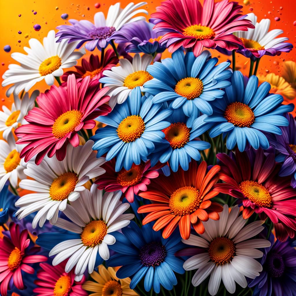 Hyperrealistic Multicolored Daisy Bouquet Splash Art