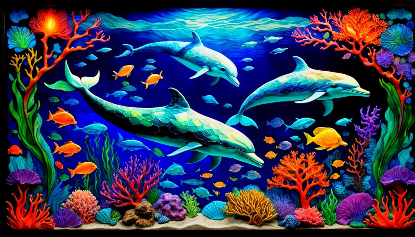 Vibrant Stained Glass Holographic Mermaids in a Diverse Ocea...