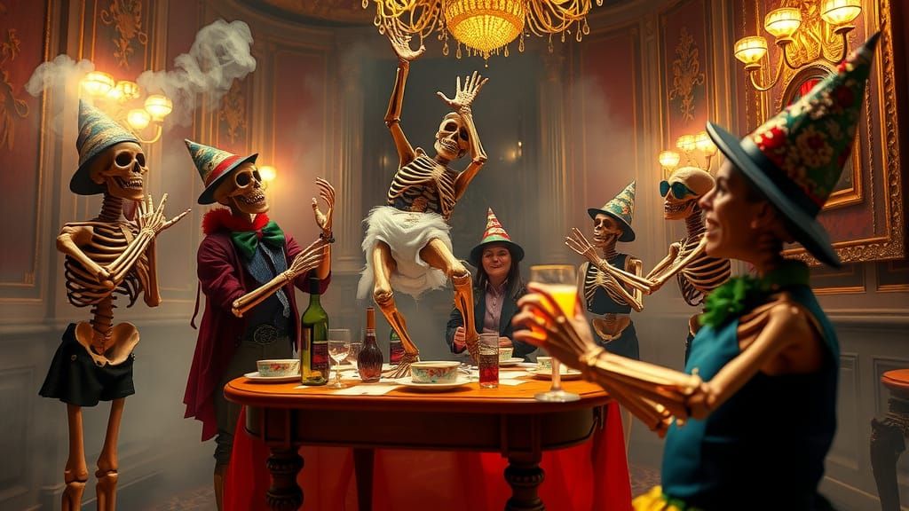 Skeletons Celebrate New Year's in Opulent Ballroom