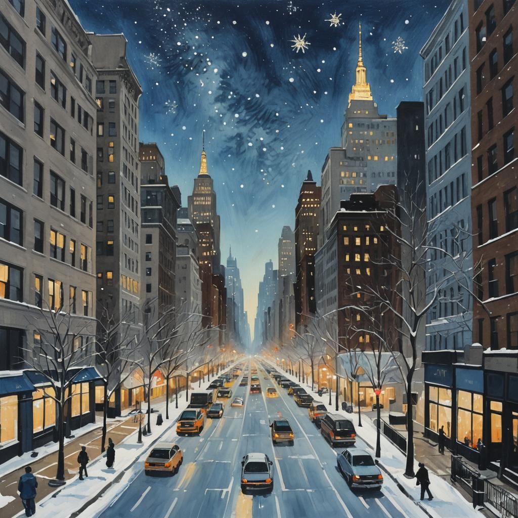 Winter Night on 5th Avenue: Gouache Painting