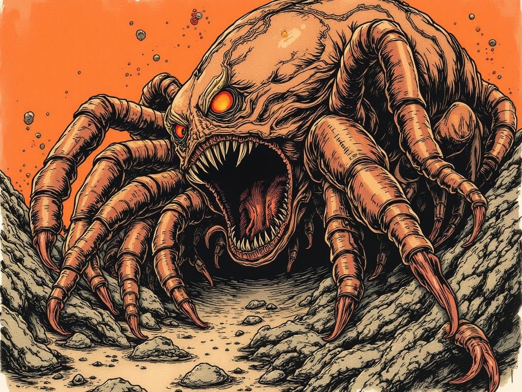 Grotesque Sea Urchin Scorpion Fusion in Junji Ito Style