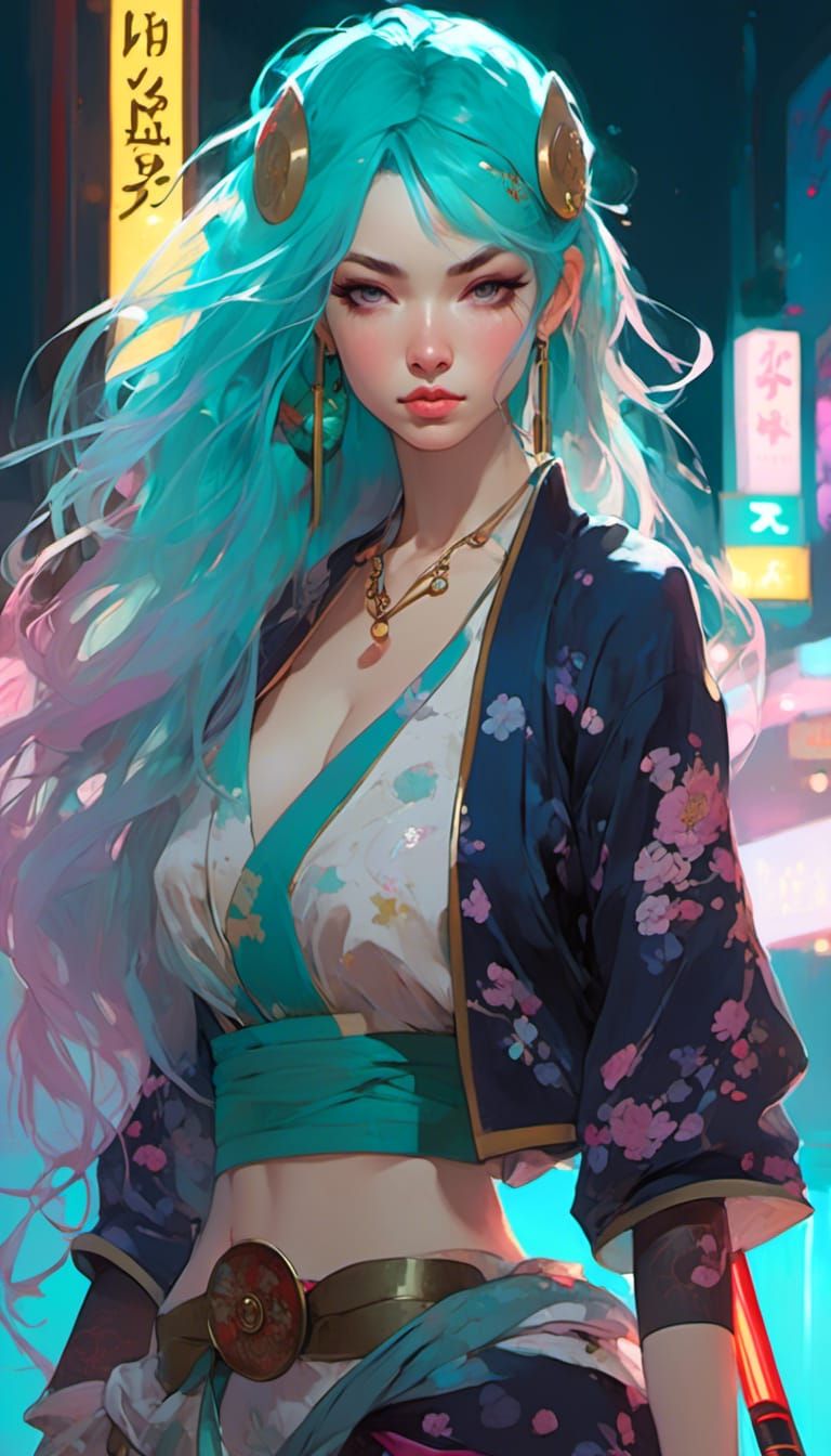 Anime Samurai with Aqua Hair in Akihiko Yoshida Style