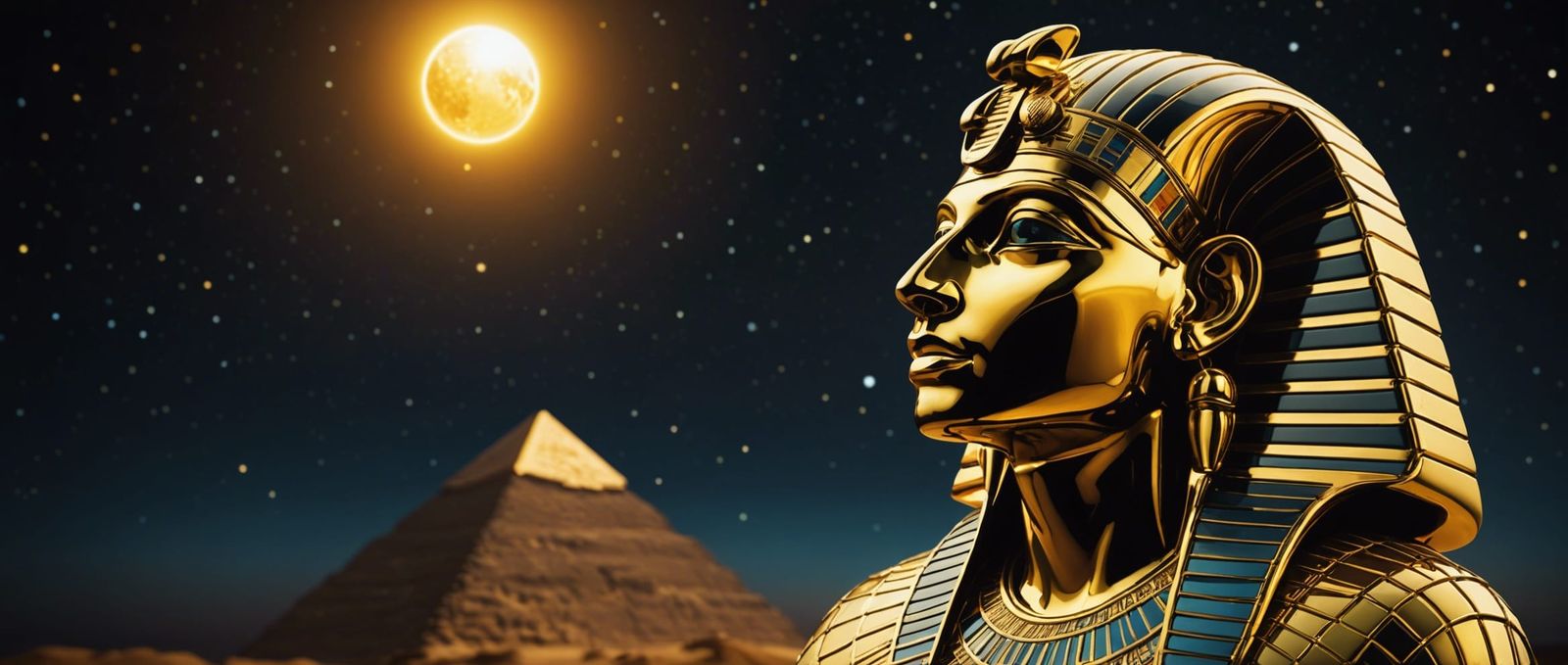 Golden Statue of Ra Under Cosmic Sky