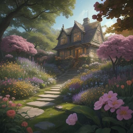 Enchanted Elven Garden in Vibrant Oil Painting Style