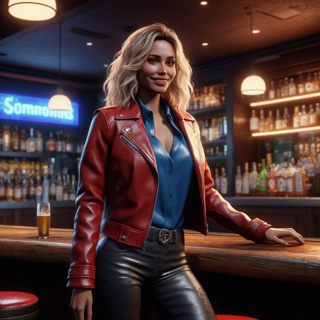 Sultry Fantasy Woman Enters Bar with Style