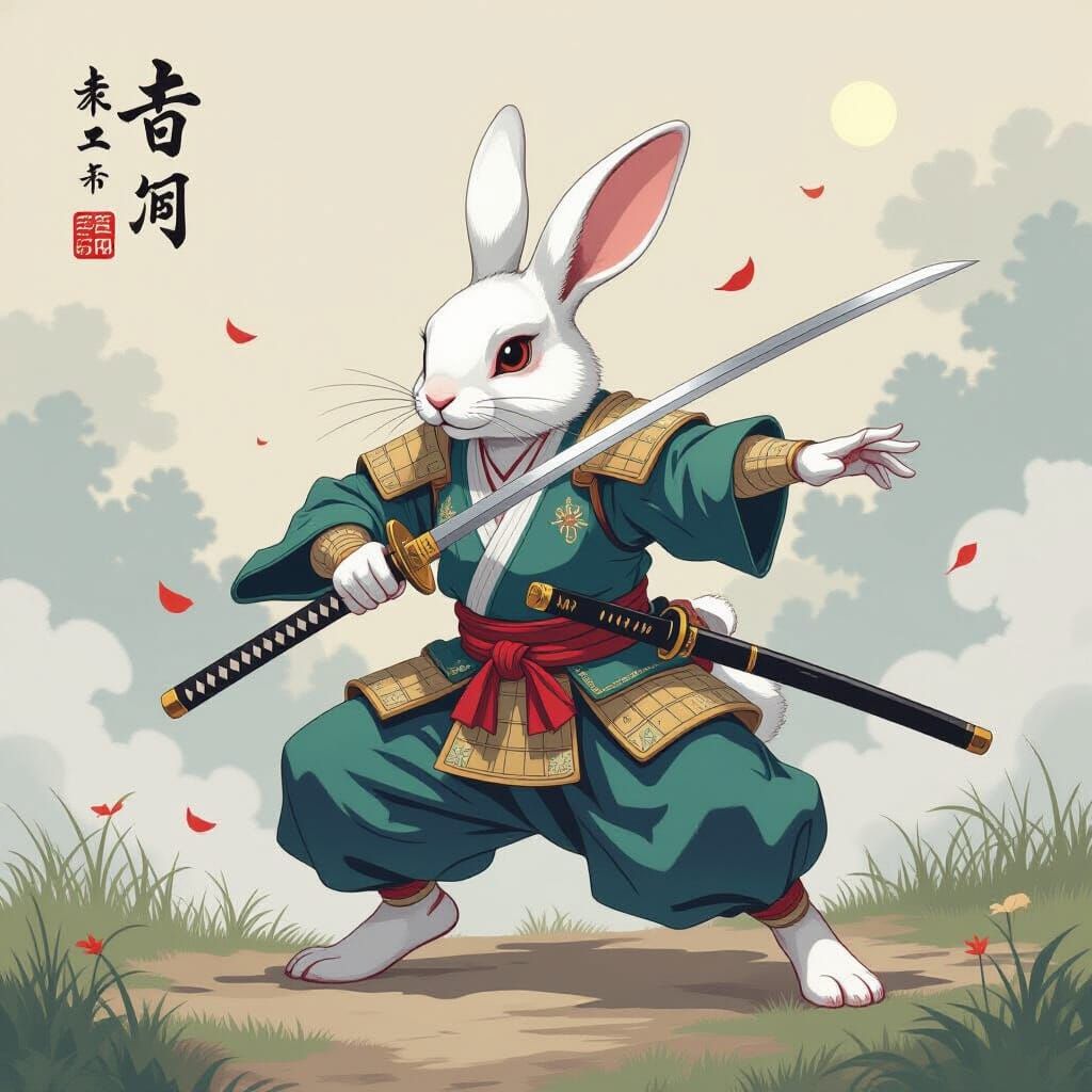 Samurai Rabbit Warrior with Katana in Ukiyo-e Style