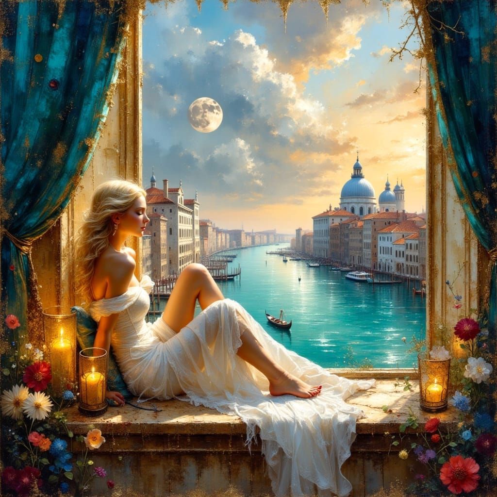 Venetian Blonde in Opulent Apartment as Impasto Painting