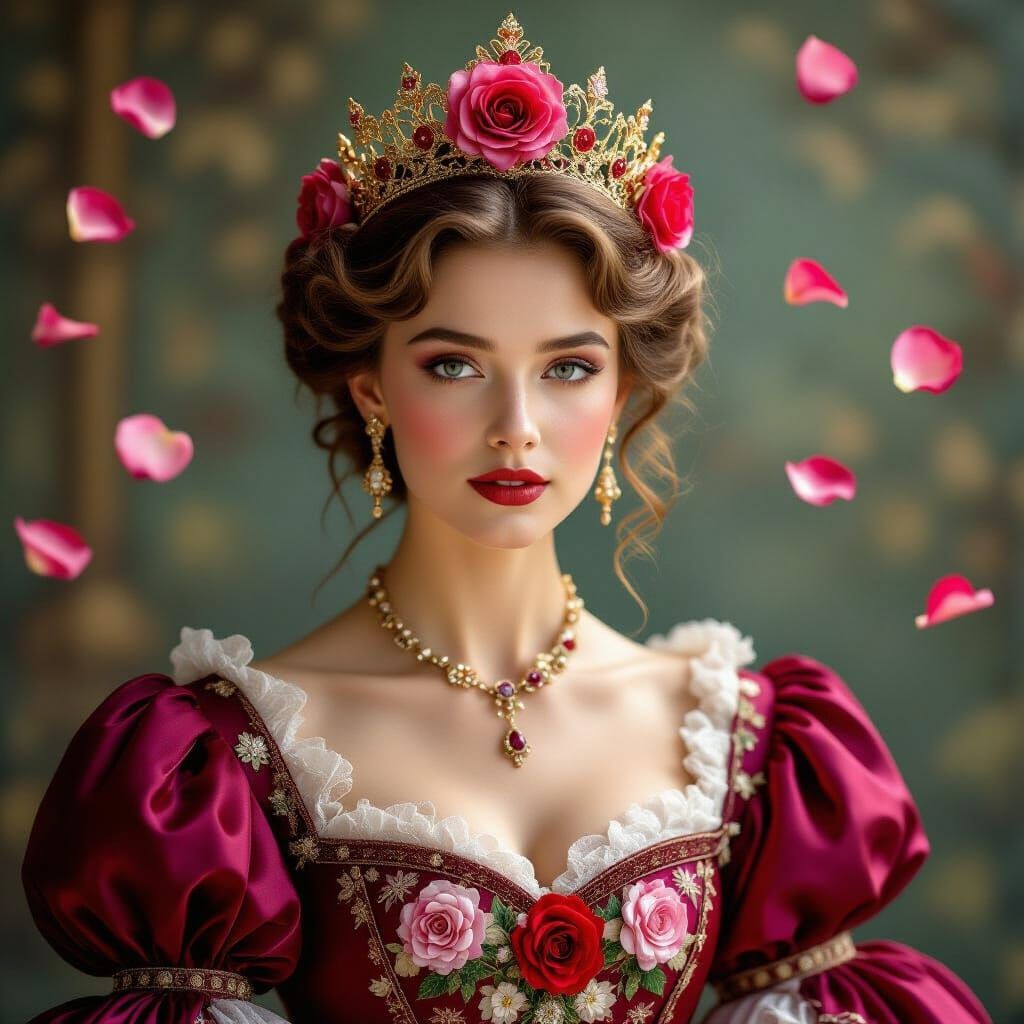 Victorian Rose Queen in Pink Gown with Golden Crown