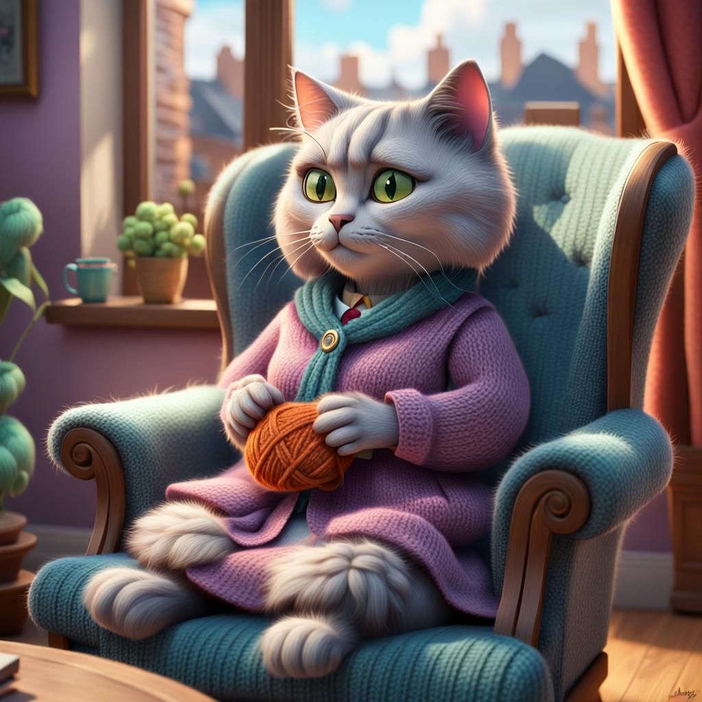 a fluffy cat resembling Miss Marple, sitting in a cozy armchair, knitting, and observing the neighborhood through a wind...