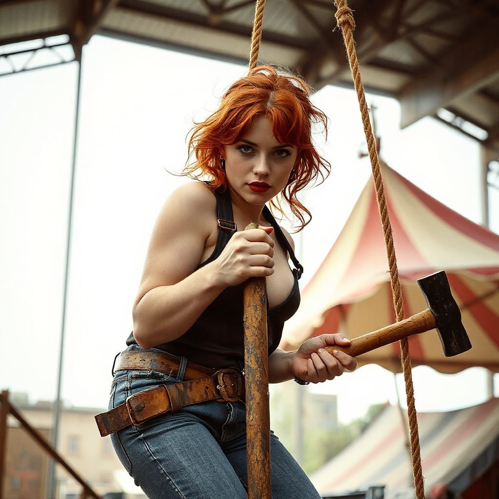 Redhead Pin-Up Girl Hoisting Circus Tent